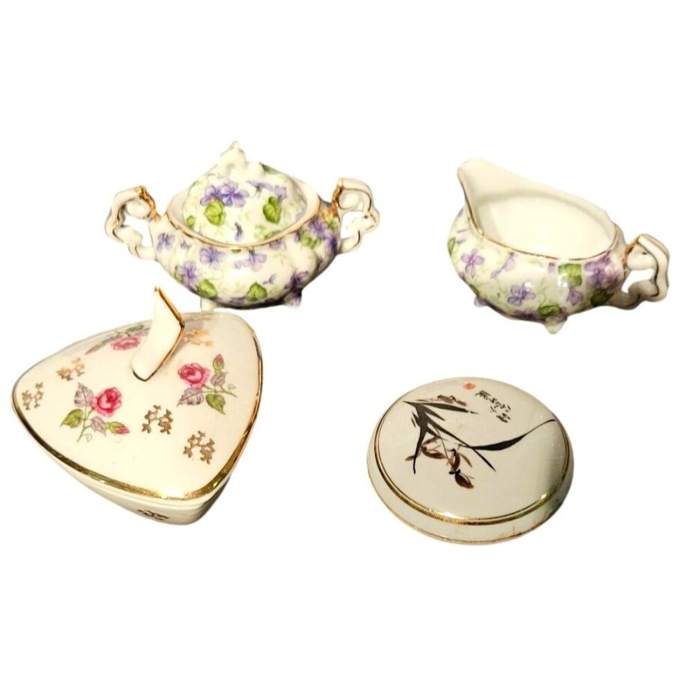 Vtg Trinket Lot Bavarian Trinket Box, Chinese Stamp Ink, Latton Sugar‎ & Creamer